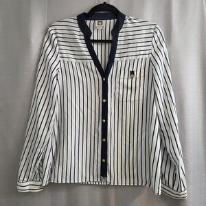 Title:Anne Klein Navy & White Striped long sleeve blouse Gold tone Size Small.